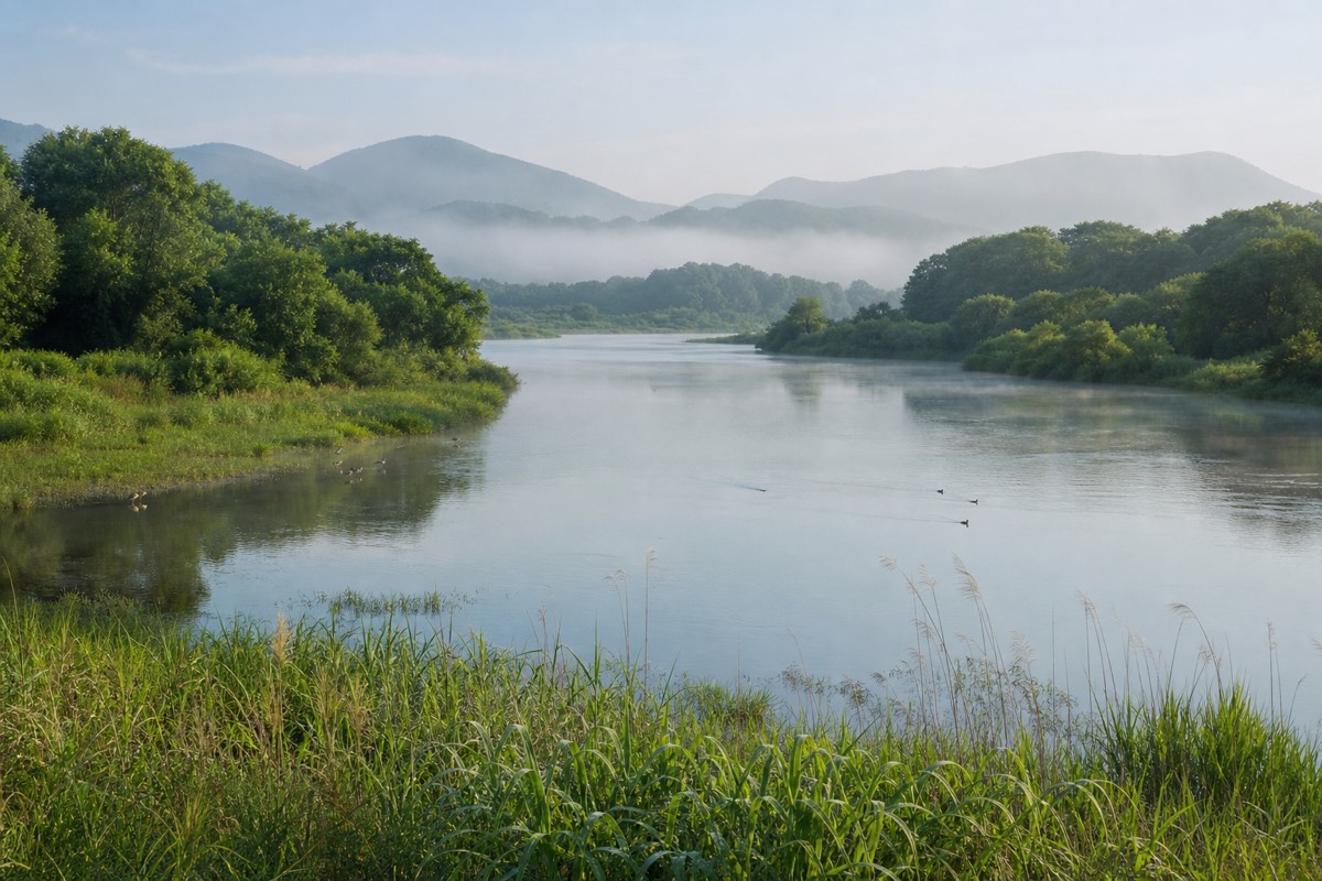 漣川臨津江地域の川、湿地、森をモチーフにした象徴的な風景