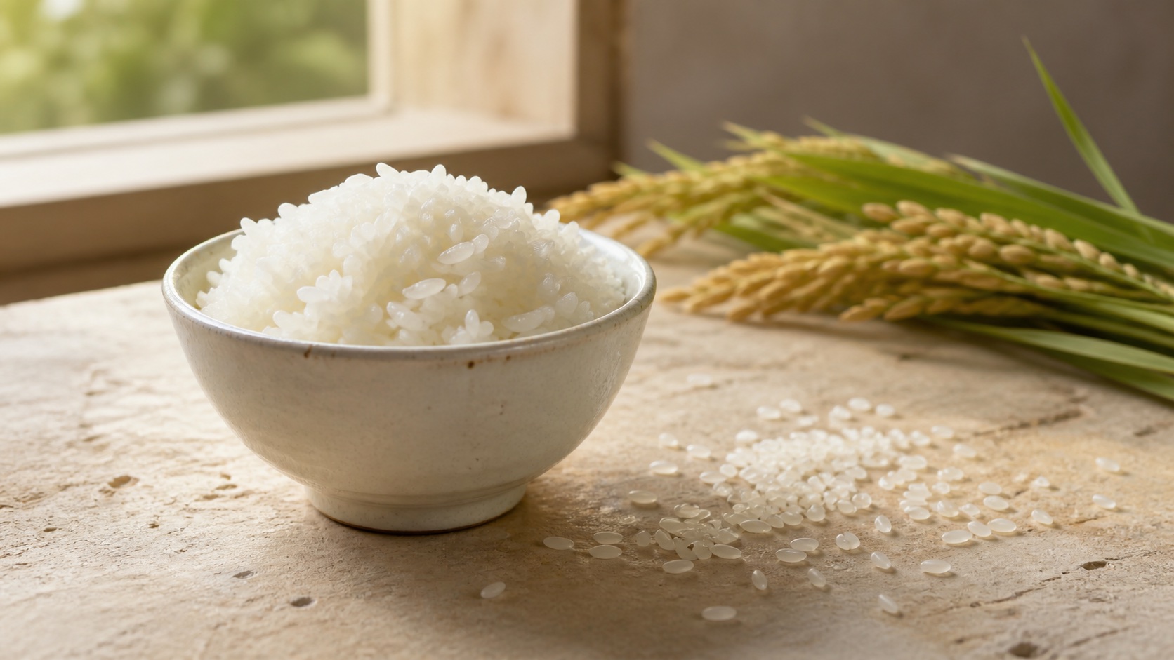 창가의 자연광 아래 놓인 밥과 쌀알